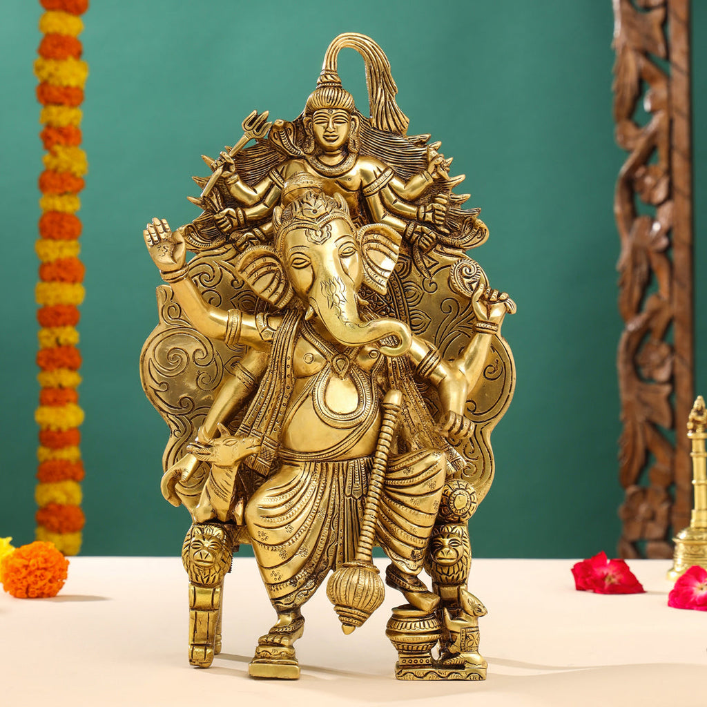 Brass Sitting Ganesha On Throne (Singhasan) Idol (16 Inch) Vedansh Craft