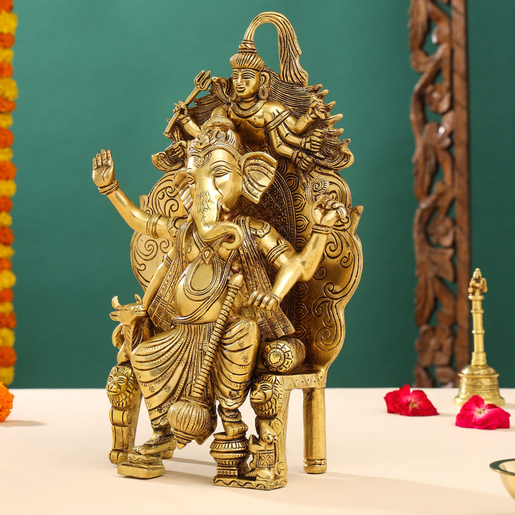 Brass Sitting Ganesha On Throne (Singhasan) Idol (16 Inch) Vedansh Craft
