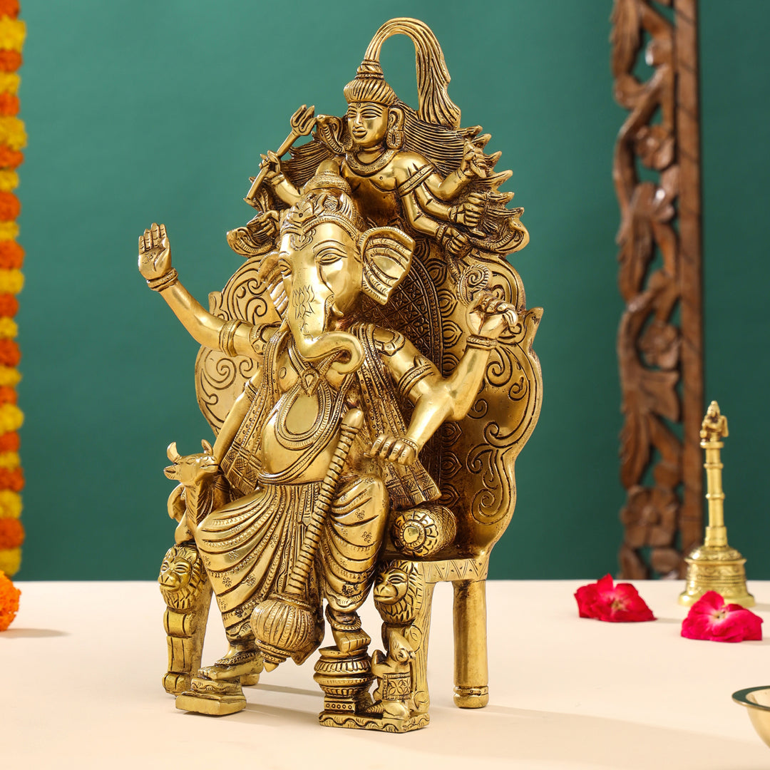 Brass Sitting Ganesha On Throne (Singhasan) Idol (16 Inch) Vedansh Craft