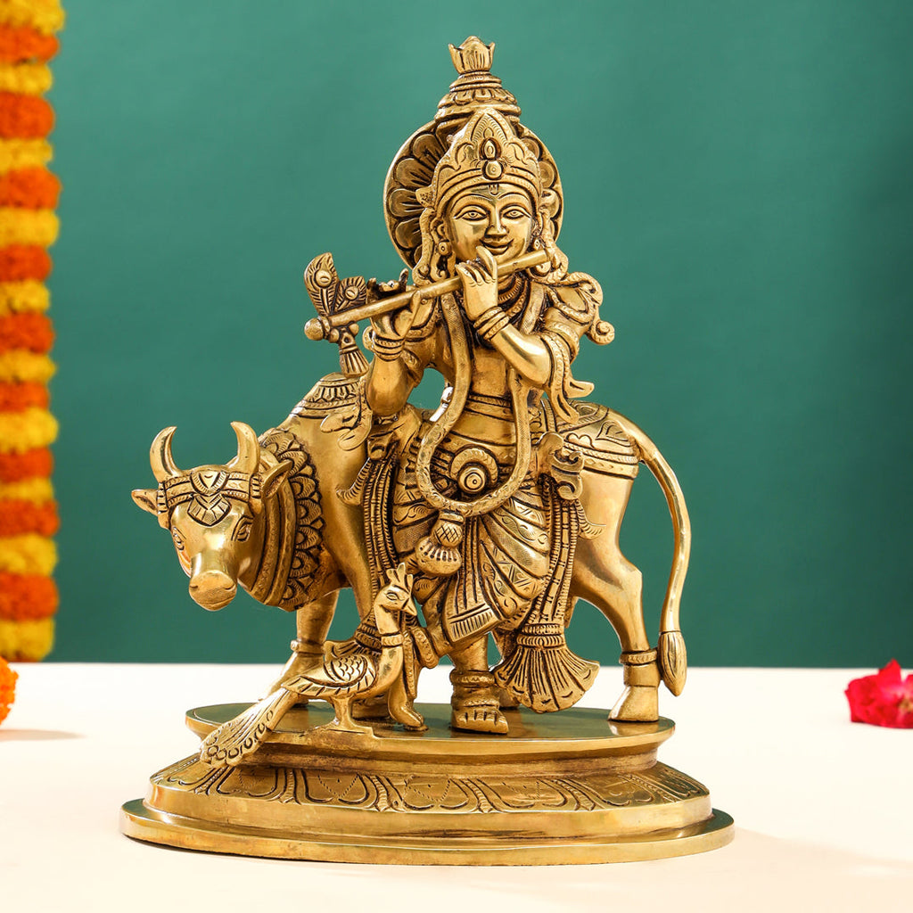 Brass Superfine Standing Lord Krishna With Cow Idol (13 Inch) Vedansh Craft