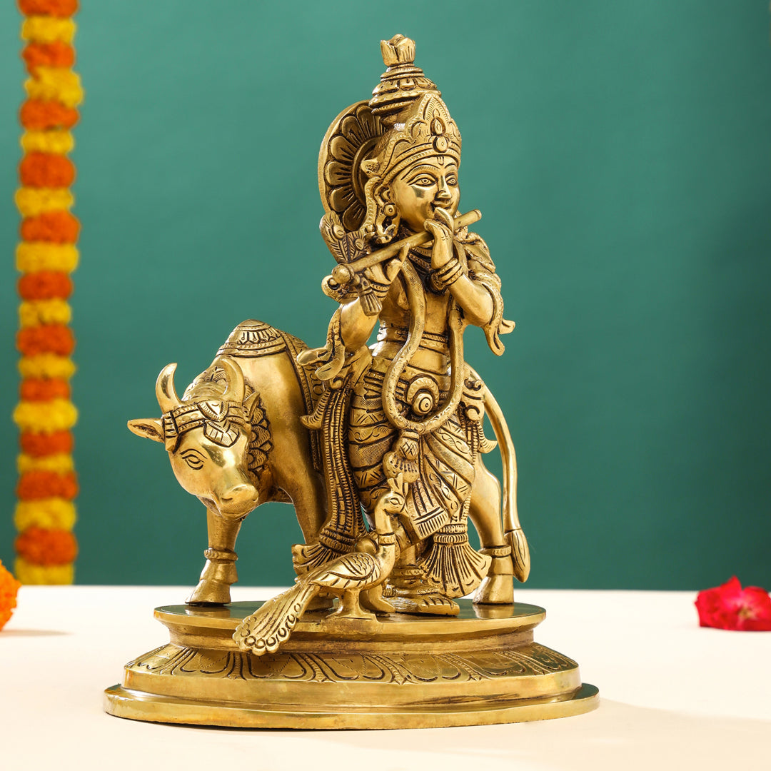 Brass Superfine Standing Lord Krishna With Cow Idol (13 Inch) Vedansh Craft