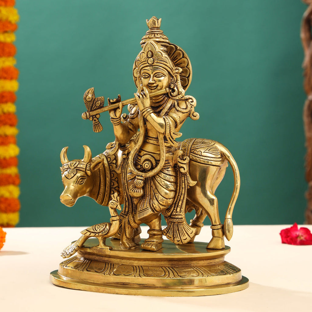 Brass Superfine Standing Lord Krishna With Cow Idol (13 Inch) Vedansh Craft