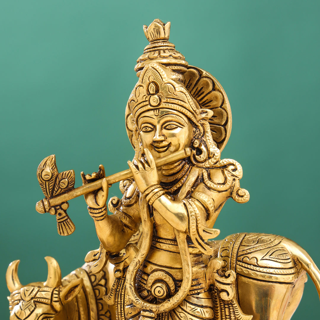 Brass Superfine Standing Lord Krishna With Cow Idol (13 Inch) Vedansh Craft
