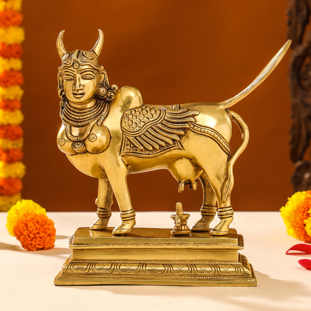 Brass Superfine Kamdhenu Cow With Calf Idol (9.5 Inch) Vedansh Craft
