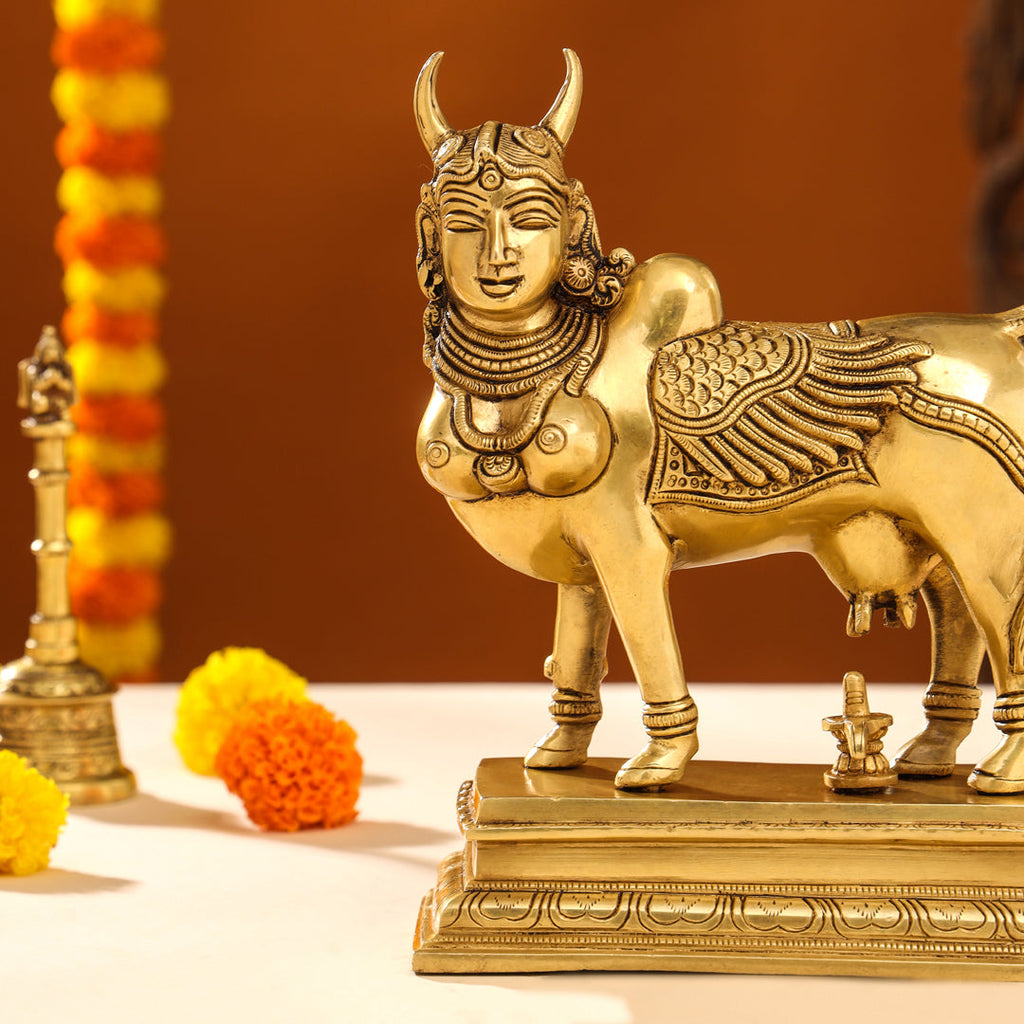 Brass Superfine Kamdhenu Cow With Calf Idol (9.5 Inch) Vedansh Craft