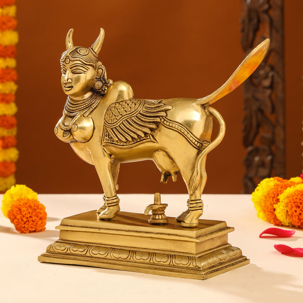 Brass Superfine Kamdhenu Cow With Calf Idol (9.5 Inch) Vedansh Craft