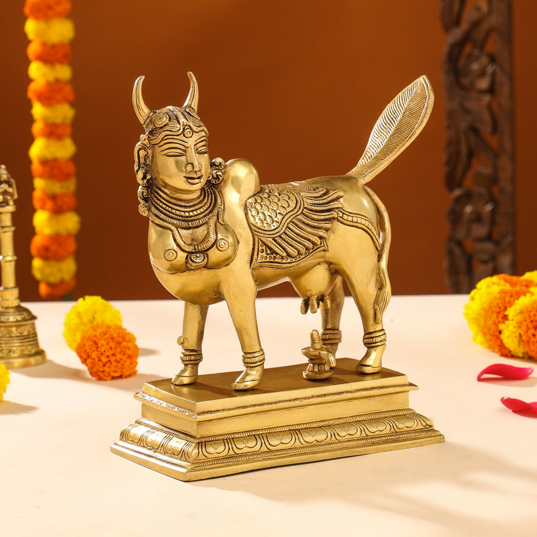 Brass Superfine Kamdhenu Cow With Calf Idol (9.5 Inch) Vedansh Craft