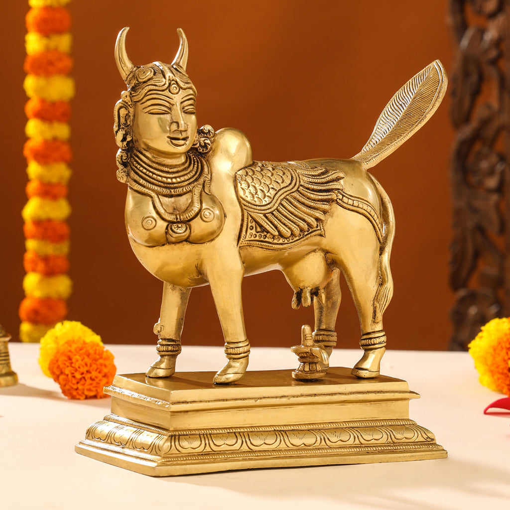 Brass Superfine Kamdhenu Cow With Calf Idol (9.5 Inch) Vedansh Craft