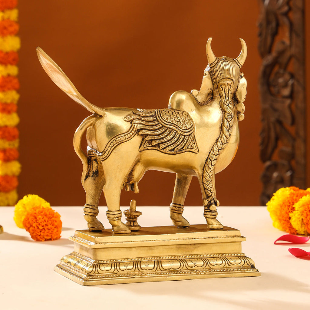 Brass Superfine Kamdhenu Cow With Calf Idol (9.5 Inch) Vedansh Craft