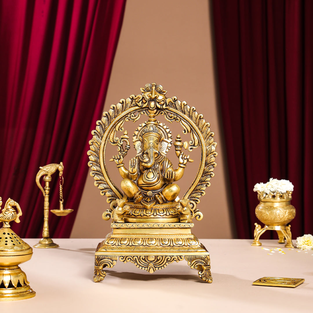Brass Superfine Right Trunk Sitting Ganesha On Throne Idol (14 Inch) Vedansh Craft