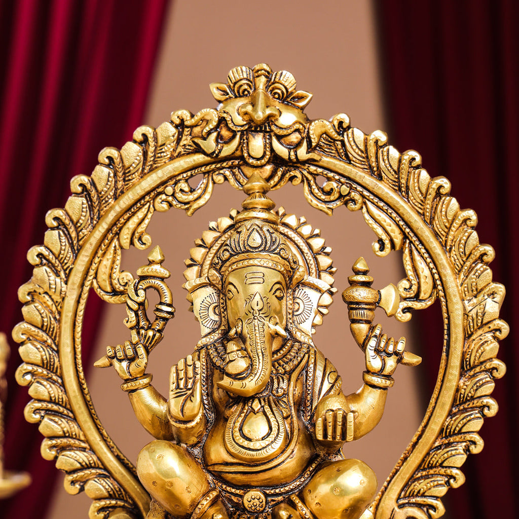 Brass Superfine Right Trunk Sitting Ganesha On Throne Idol (14 Inch) Vedansh Craft