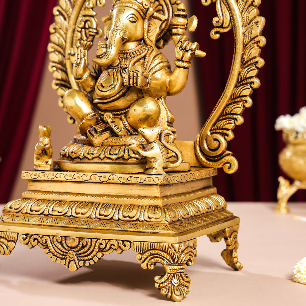 Brass Superfine Right Trunk Sitting Ganesha On Throne Idol (14 Inch) Vedansh Craft