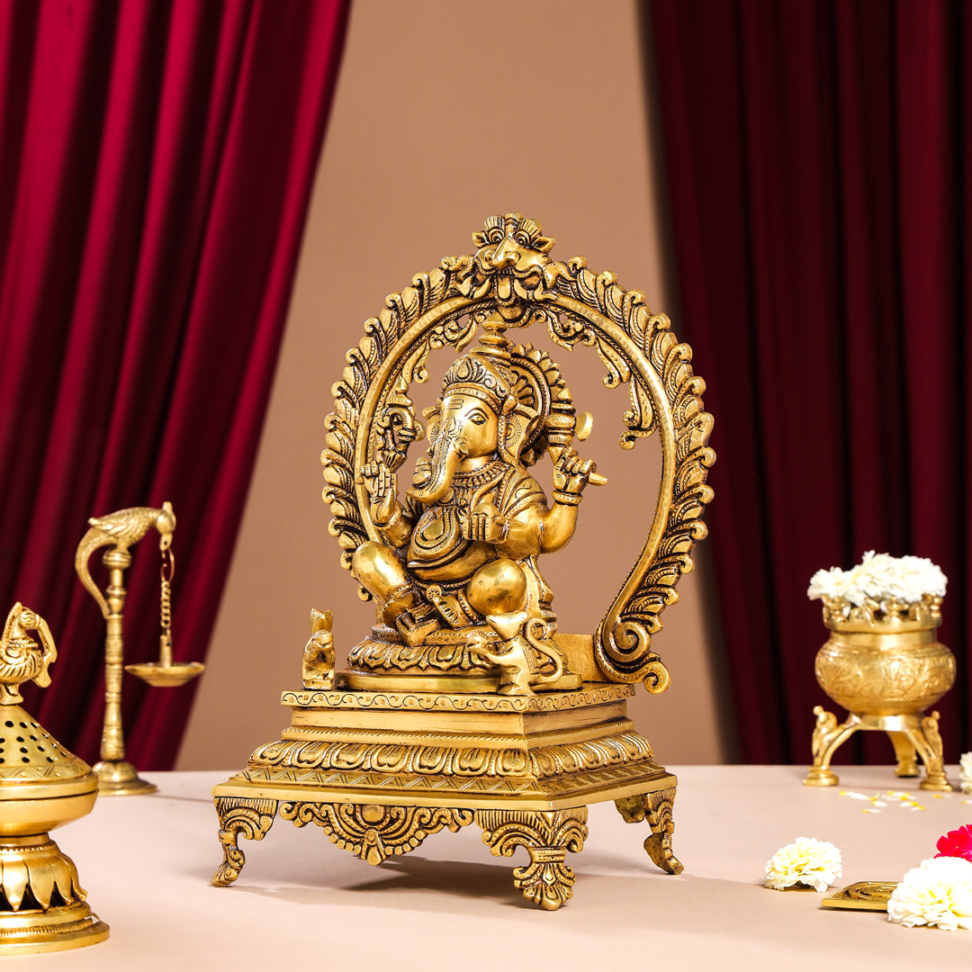 Brass Superfine Right Trunk Sitting Ganesha On Throne Idol (14 Inch) Vedansh Craft
