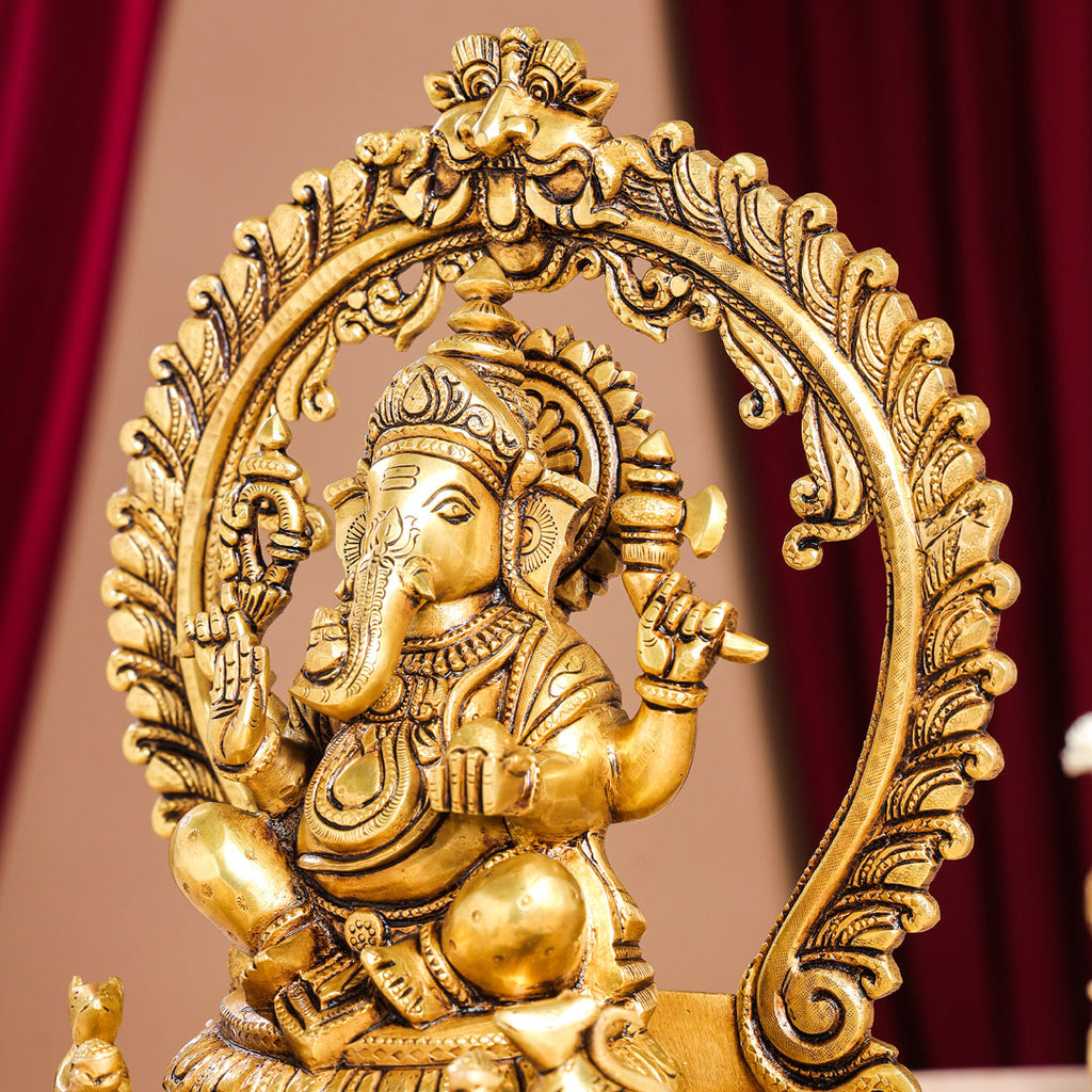 Brass Superfine Right Trunk Sitting Ganesha On Throne Idol (14 Inch) Vedansh Craft