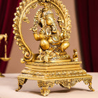 Brass Superfine Right Trunk Sitting Ganesha On Throne Idol (14 Inch) Vedansh Craft