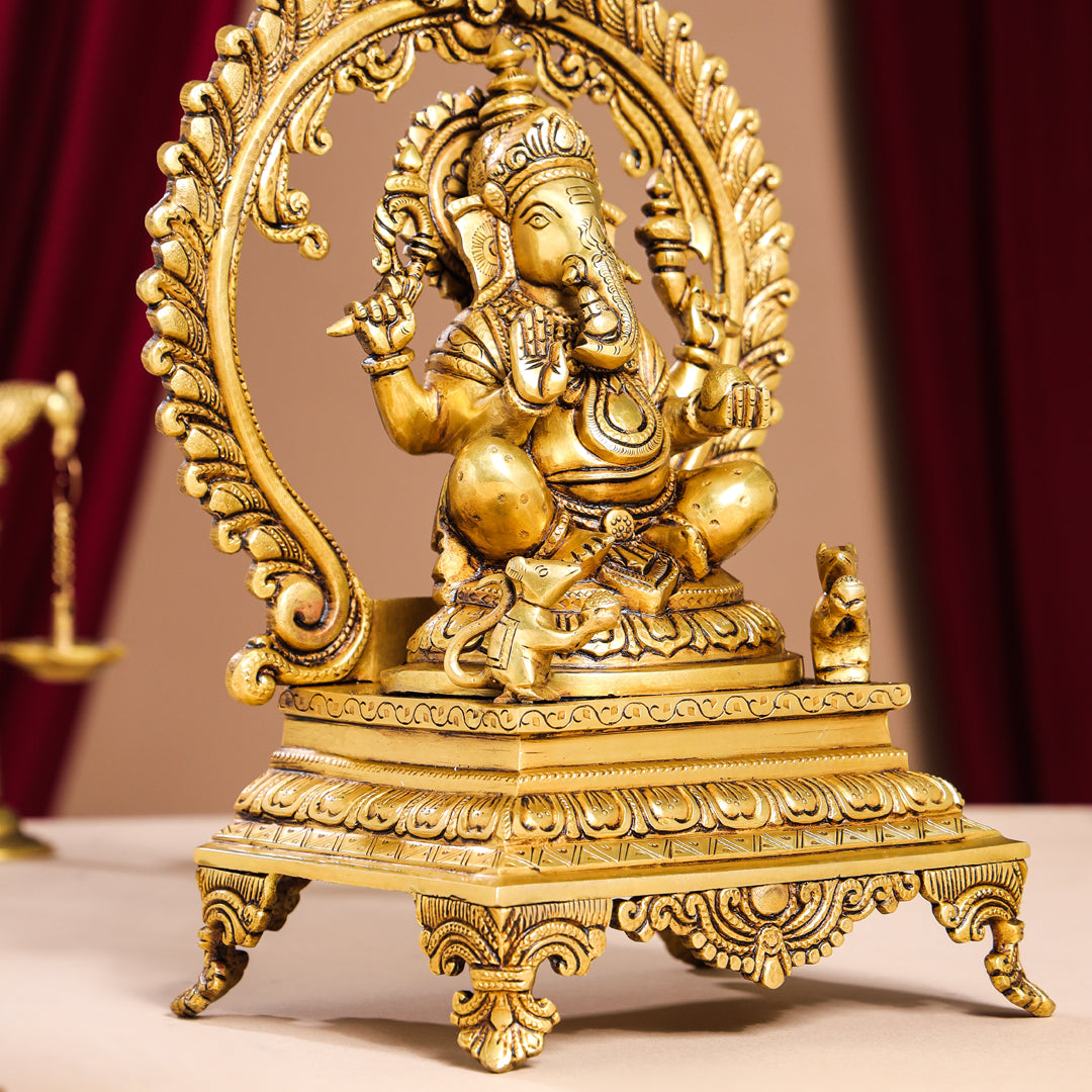 Brass Superfine Right Trunk Sitting Ganesha On Throne Idol (14 Inch) Vedansh Craft