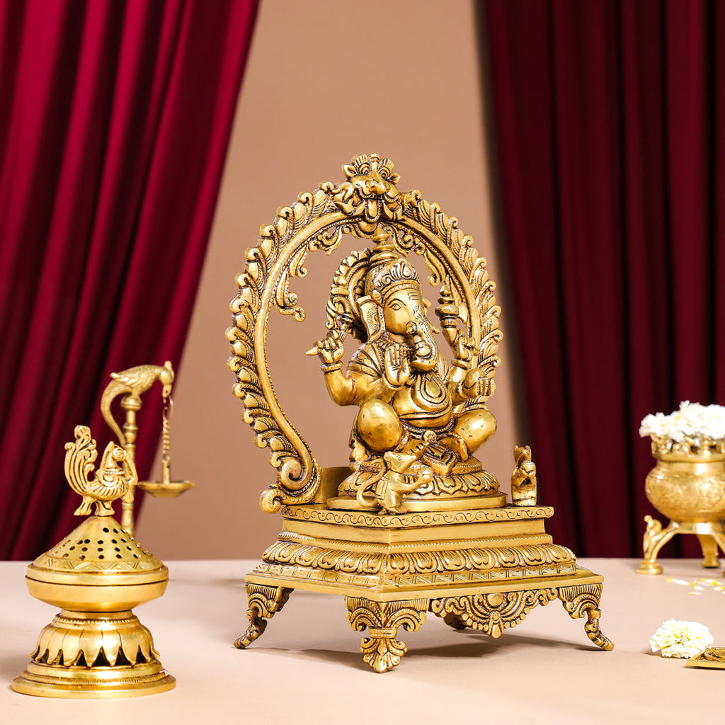 Brass Superfine Right Trunk Sitting Ganesha On Throne Idol (14 Inch) Vedansh Craft