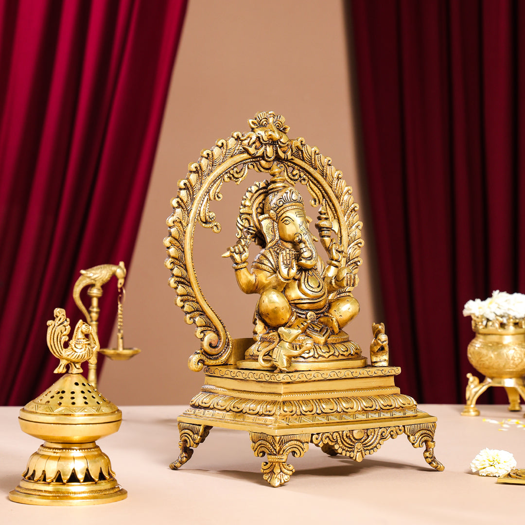 Brass Superfine Right Trunk Sitting Ganesha On Throne Idol (14 Inch) Vedansh Craft