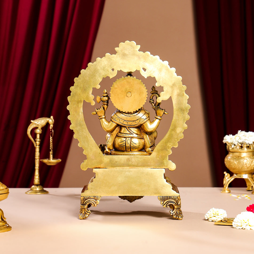 Brass Superfine Right Trunk Sitting Ganesha On Throne Idol (14 Inch) Vedansh Craft