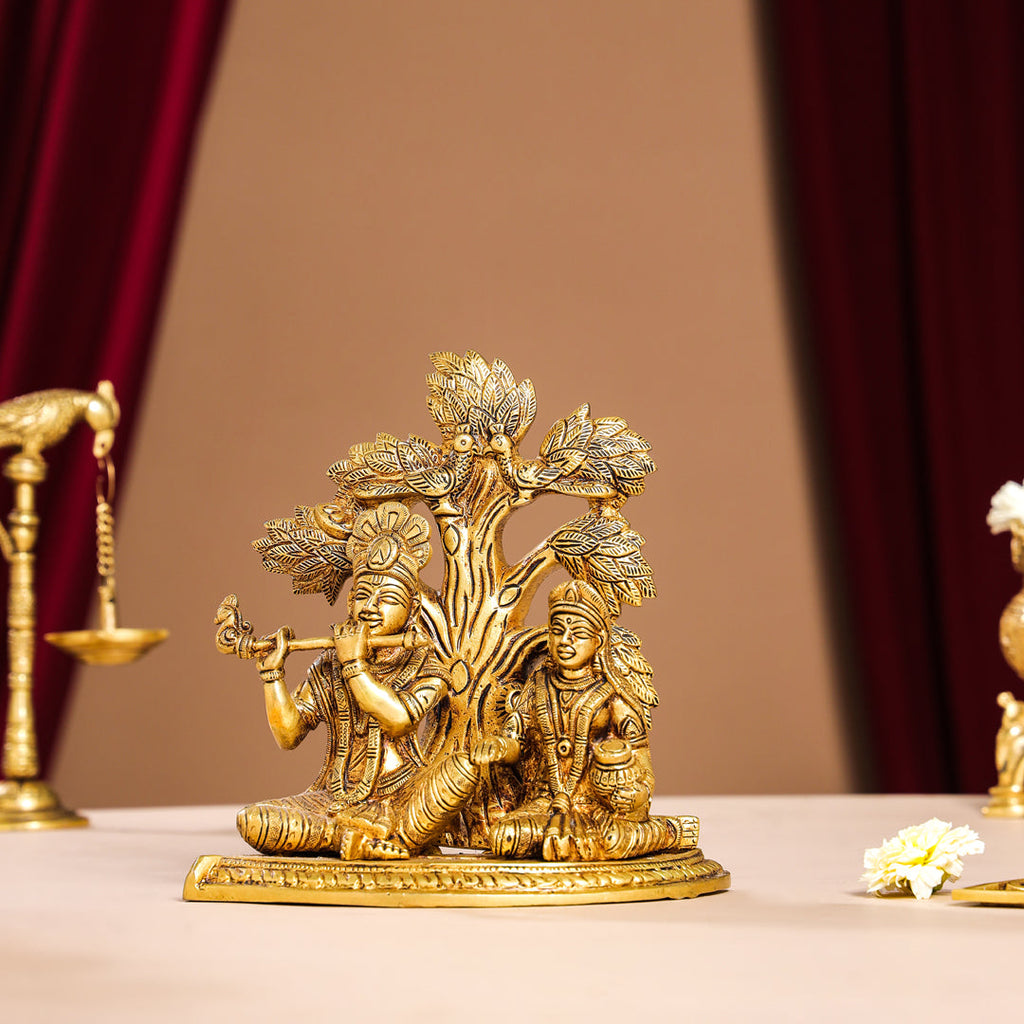 Brass Sitting Radha Krishna Idols Under Tree (7 Inch) Vedansh Craft