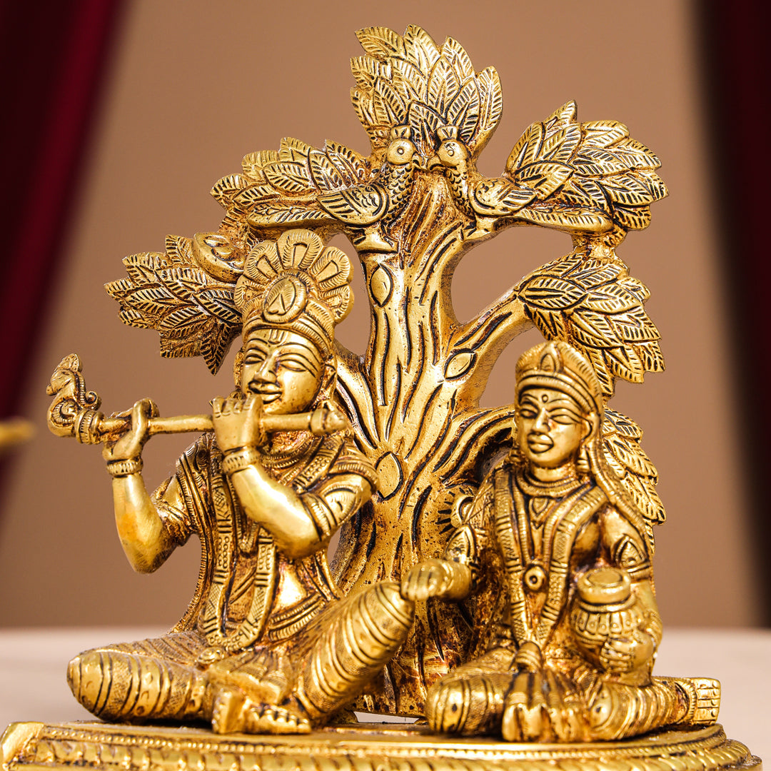Brass Sitting Radha Krishna Idols Under Tree (7 Inch) Vedansh Craft