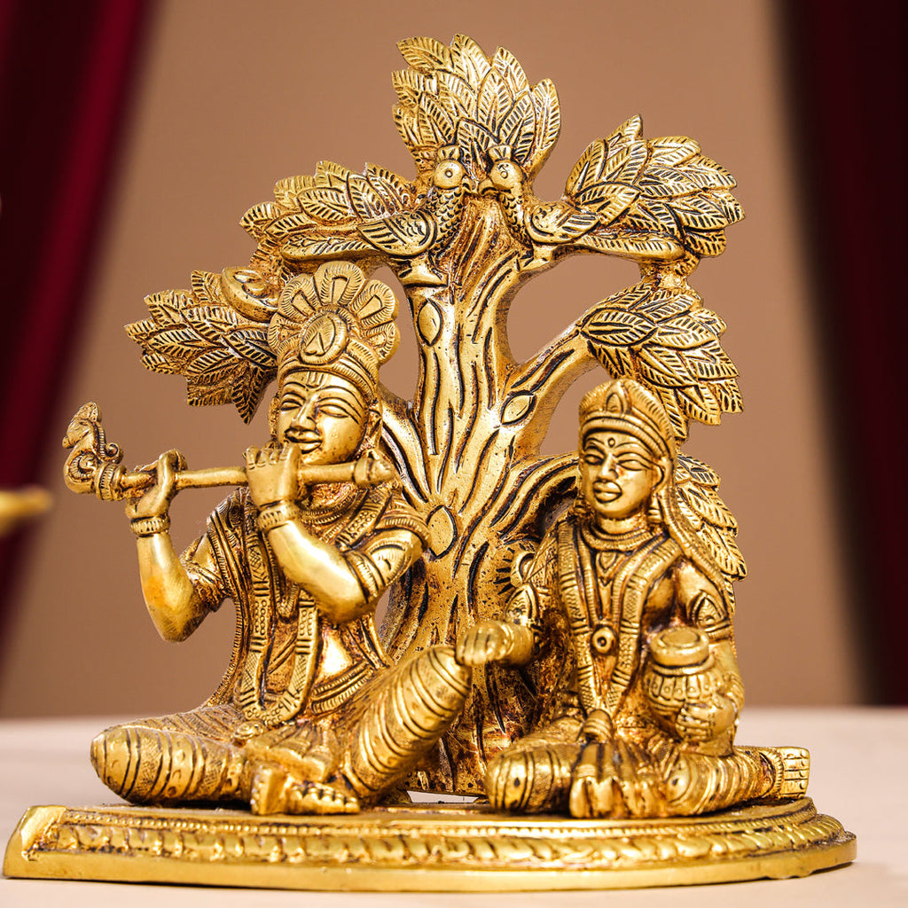 Brass Sitting Radha Krishna Idols Under Tree (7 Inch) Vedansh Craft