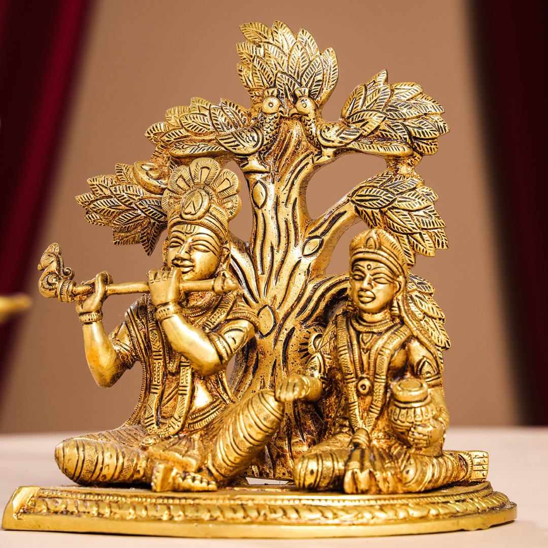 Brass Sitting Radha Krishna Idols Under Tree (7 Inch) Vedansh Craft