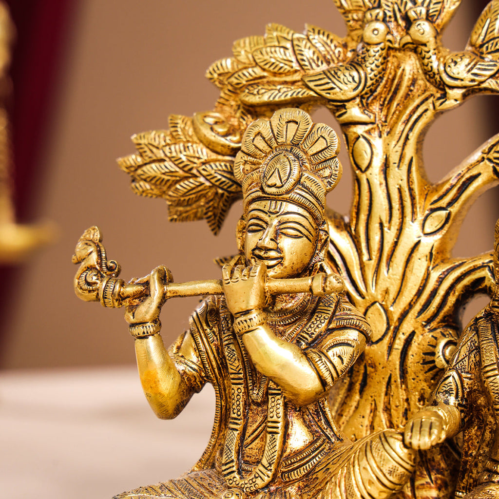 Brass Sitting Radha Krishna Idols Under Tree (7 Inch) Vedansh Craft