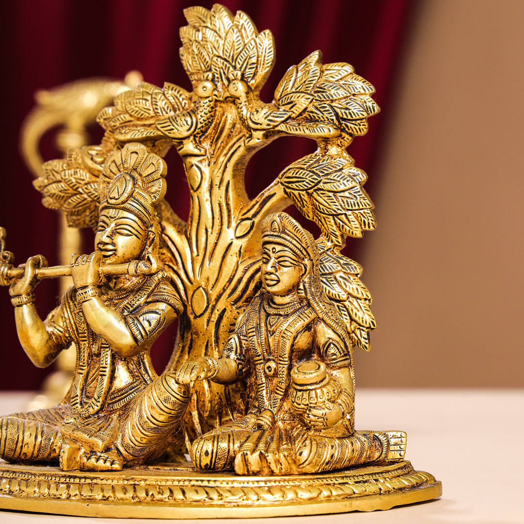 Brass Sitting Radha Krishna Idols Under Tree (7 Inch) Vedansh Craft