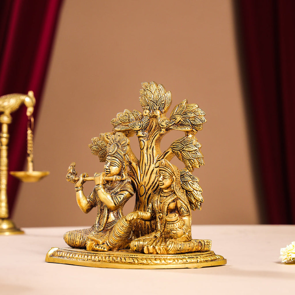 Brass Sitting Radha Krishna Idols Under Tree (7 Inch) Vedansh Craft