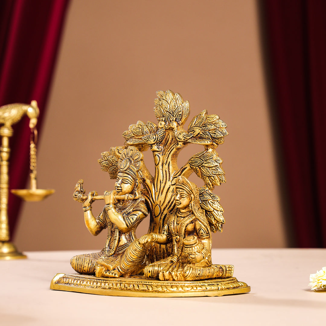 Brass Sitting Radha Krishna Idols Under Tree (7 Inch) Vedansh Craft