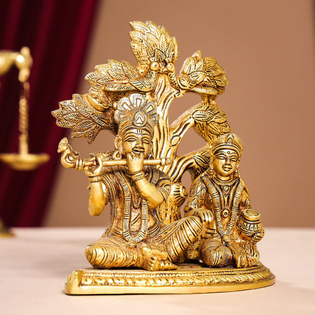 Brass Sitting Radha Krishna Idols Under Tree (7 Inch) Vedansh Craft