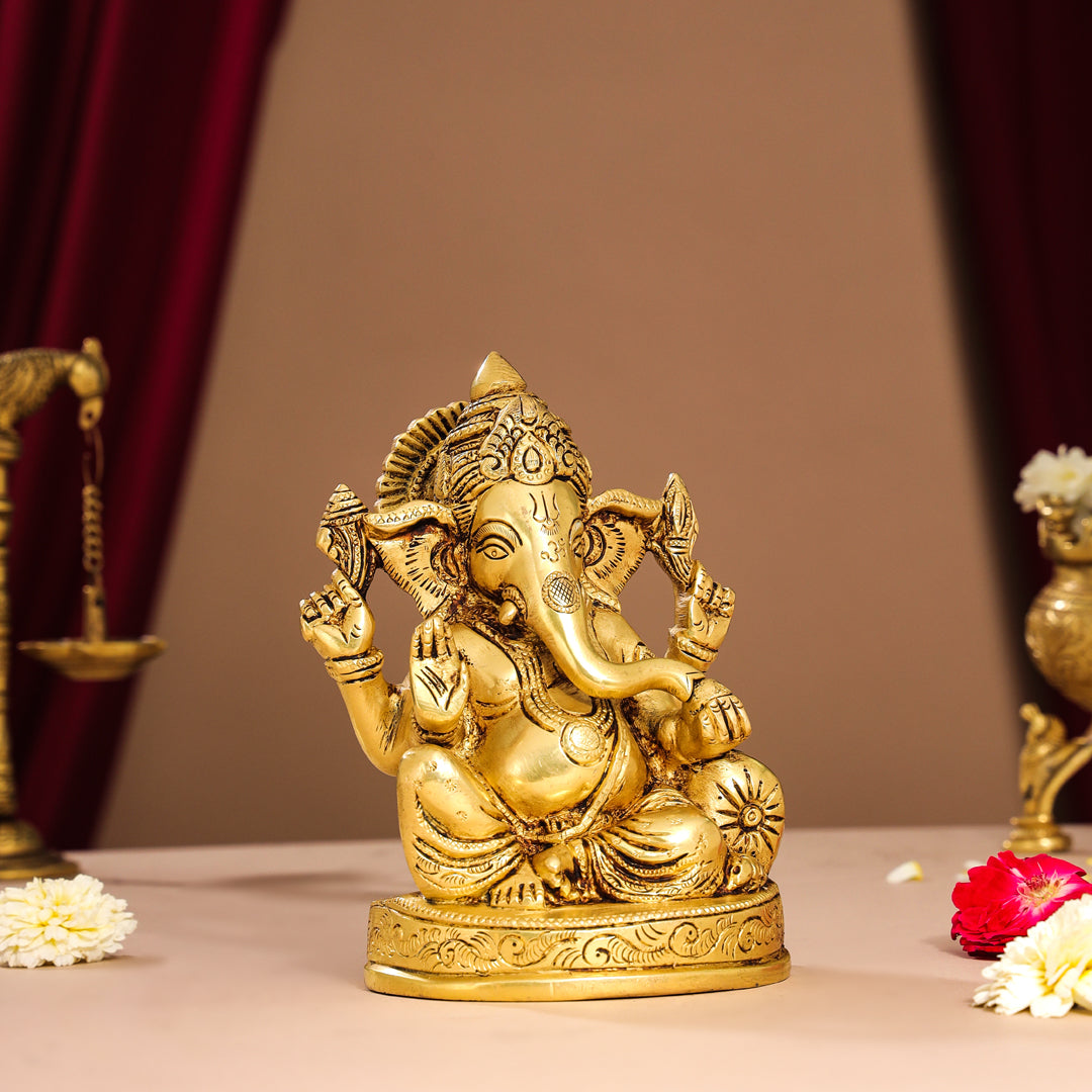 Brass Lord Sitting Ganesha Idol (7 Inch) Vedansh Craft