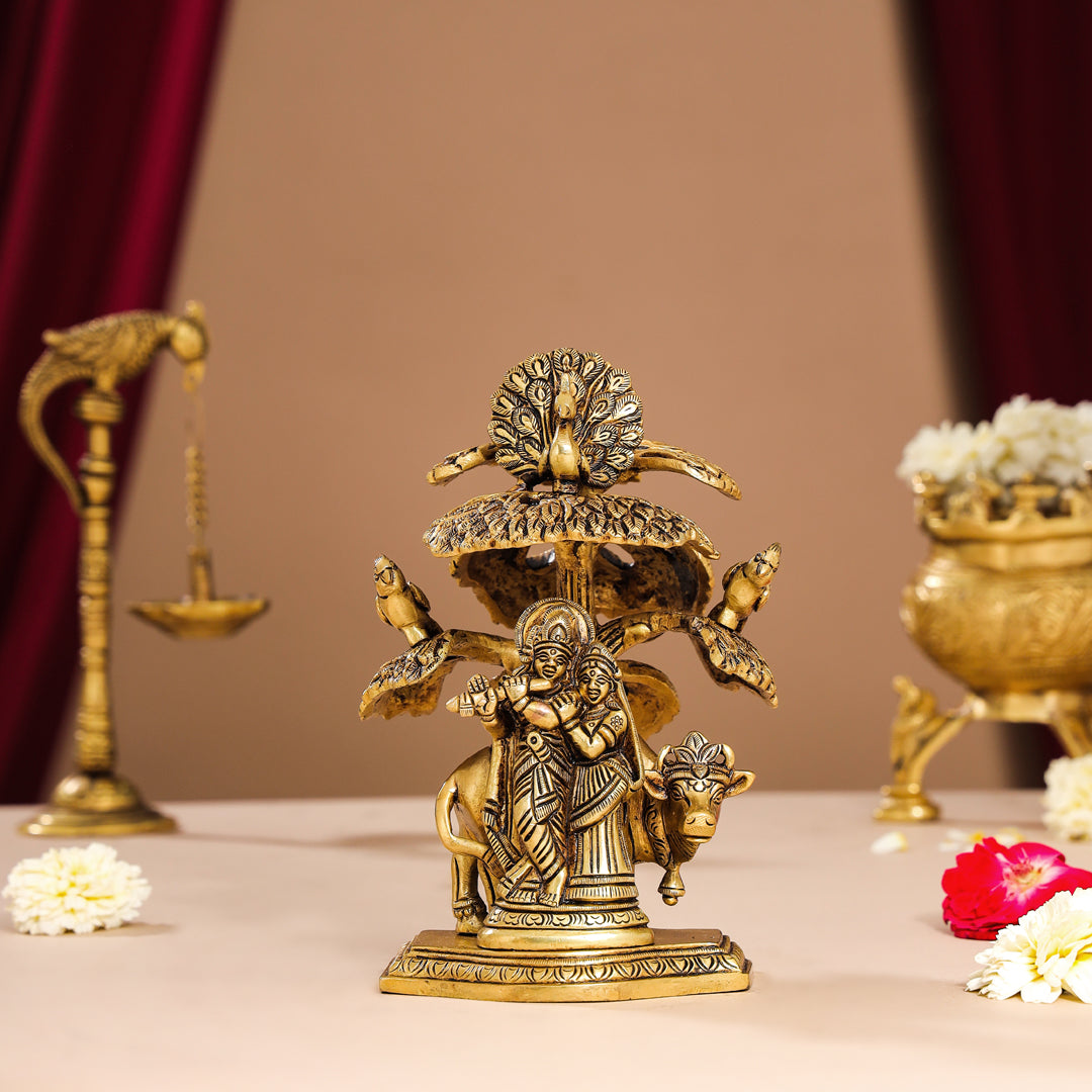 Brass Superfine Standing Radha Krishna With Cow Idol Under Tree (7 Inch) Vedansh Craft