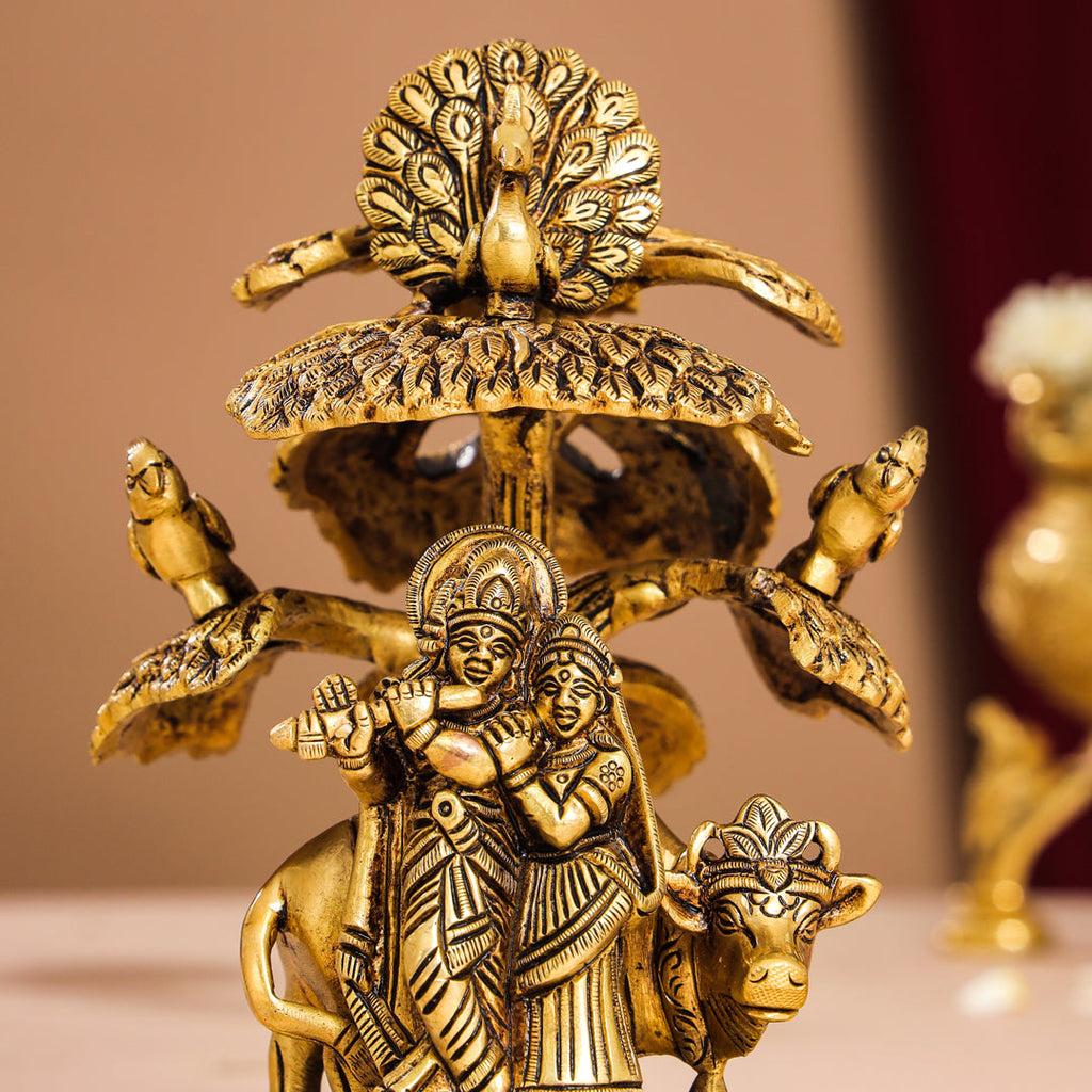 Brass Superfine Standing Radha Krishna With Cow Idol Under Tree (7 Inch) Vedansh Craft