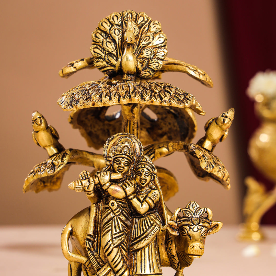 Brass Superfine Standing Radha Krishna With Cow Idol Under Tree (7 Inch) Vedansh Craft