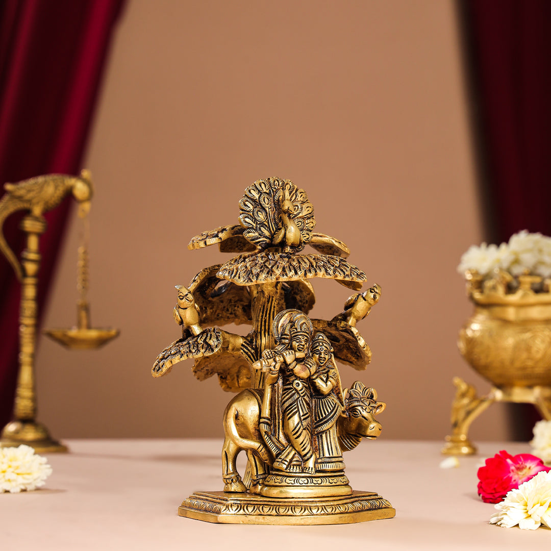 Brass Superfine Standing Radha Krishna With Cow Idol Under Tree (7 Inch) Vedansh Craft
