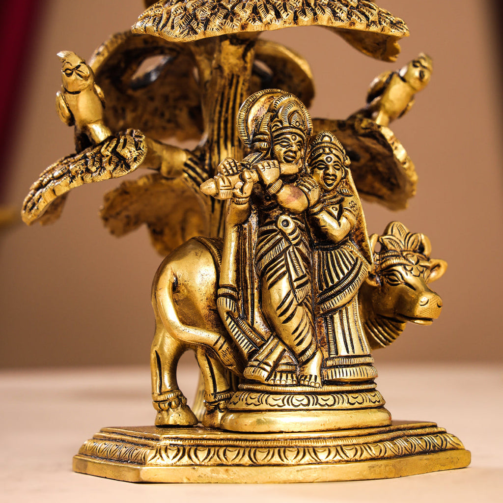 Brass Superfine Standing Radha Krishna With Cow Idol Under Tree (7 Inch) Vedansh Craft