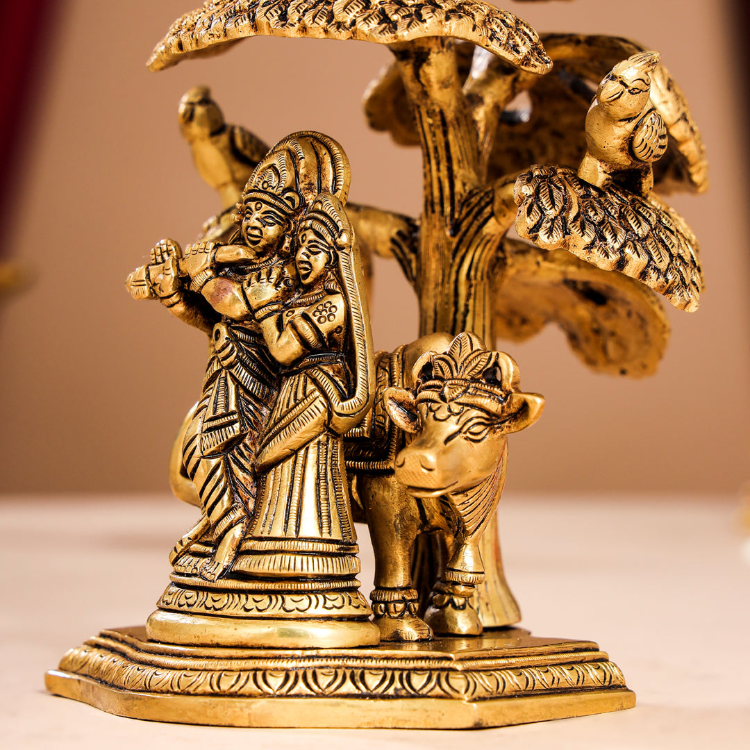Brass Superfine Standing Radha Krishna With Cow Idol Under Tree (7 Inch) Vedansh Craft