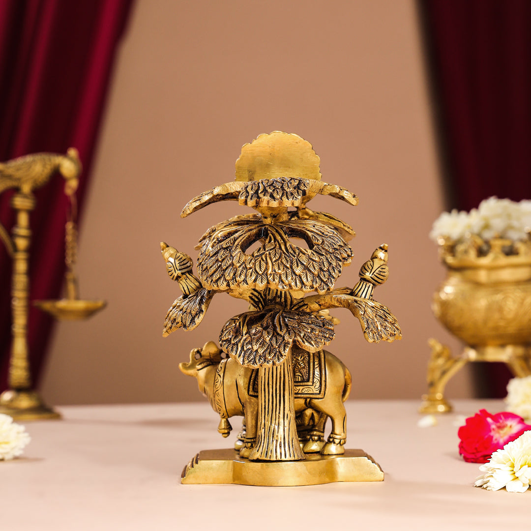 Brass Superfine Standing Radha Krishna With Cow Idol Under Tree (7 Inch) Vedansh Craft