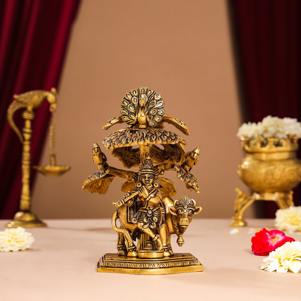 Brass Superfine Standing Krishna With Cow Idol Under Tree (7 Inch) Vedansh Craft