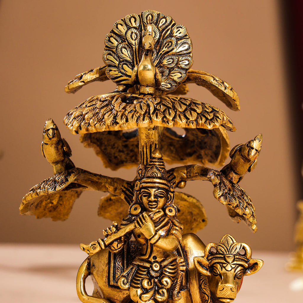 Brass Superfine Standing Krishna With Cow Idol Under Tree (7 Inch) Vedansh Craft