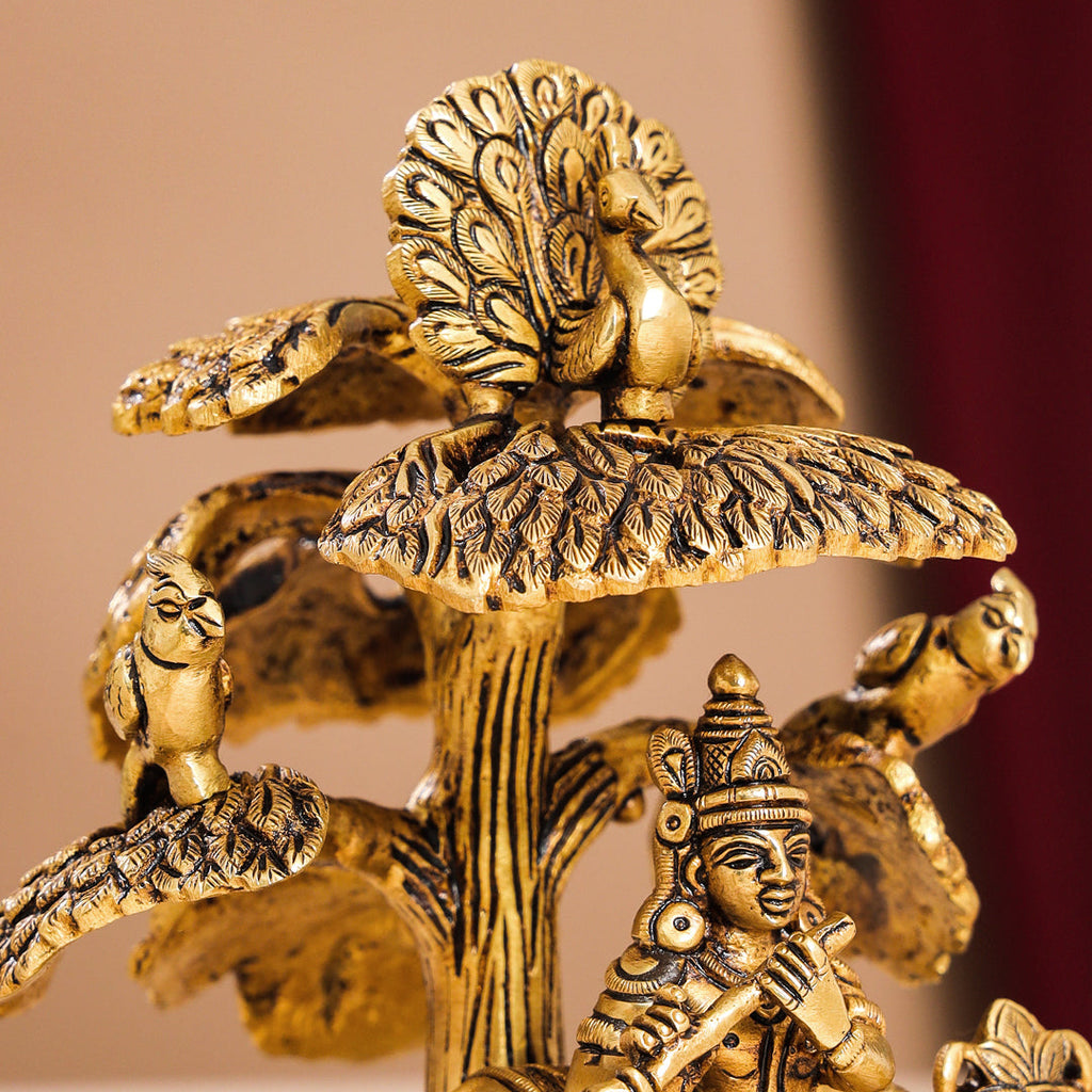 Brass Superfine Standing Krishna With Cow Idol Under Tree (7 Inch) Vedansh Craft
