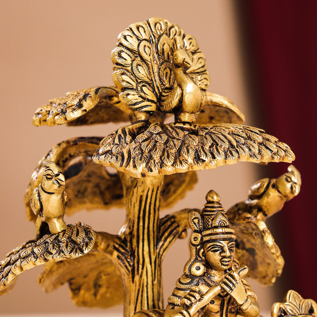 Brass Superfine Standing Krishna With Cow Idol Under Tree (7 Inch) Vedansh Craft