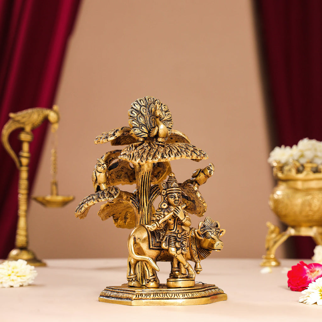 Brass Superfine Standing Krishna With Cow Idol Under Tree (7 Inch) Vedansh Craft