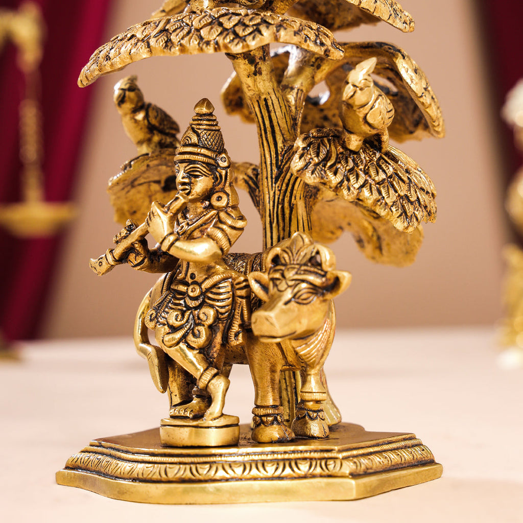 Brass Superfine Standing Krishna With Cow Idol Under Tree (7 Inch) Vedansh Craft