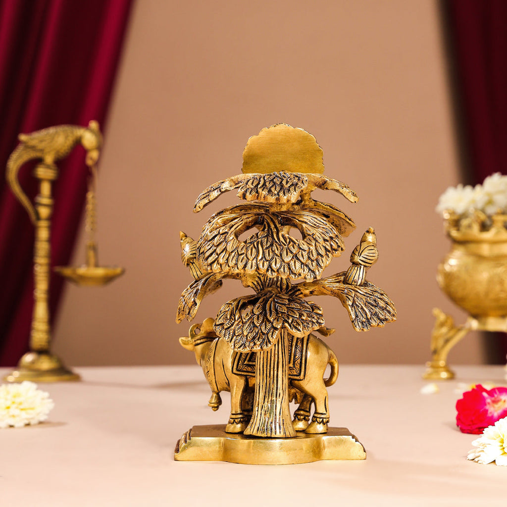 Brass Superfine Standing Krishna With Cow Idol Under Tree (7 Inch) Vedansh Craft