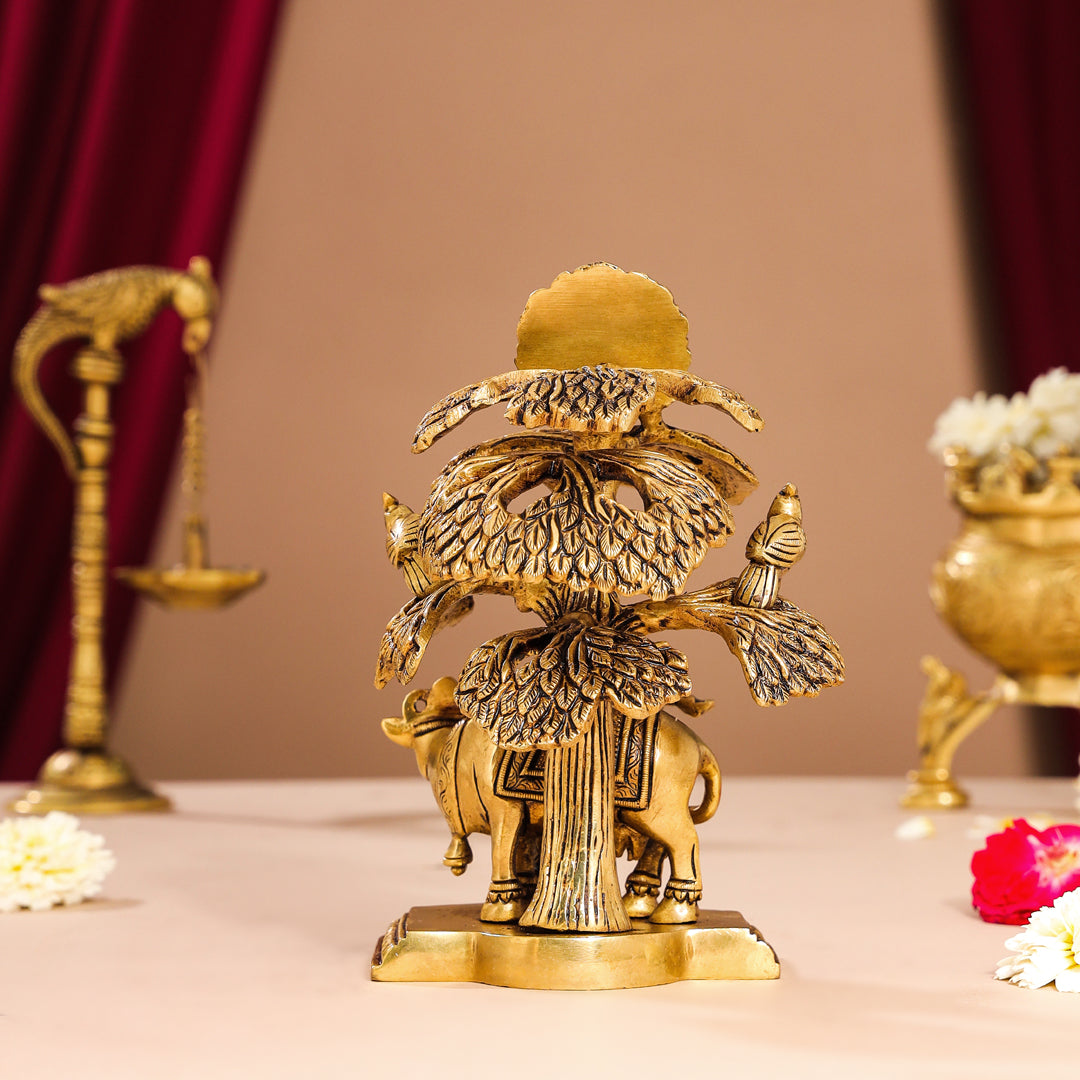 Brass Superfine Standing Krishna With Cow Idol Under Tree (7 Inch) Vedansh Craft