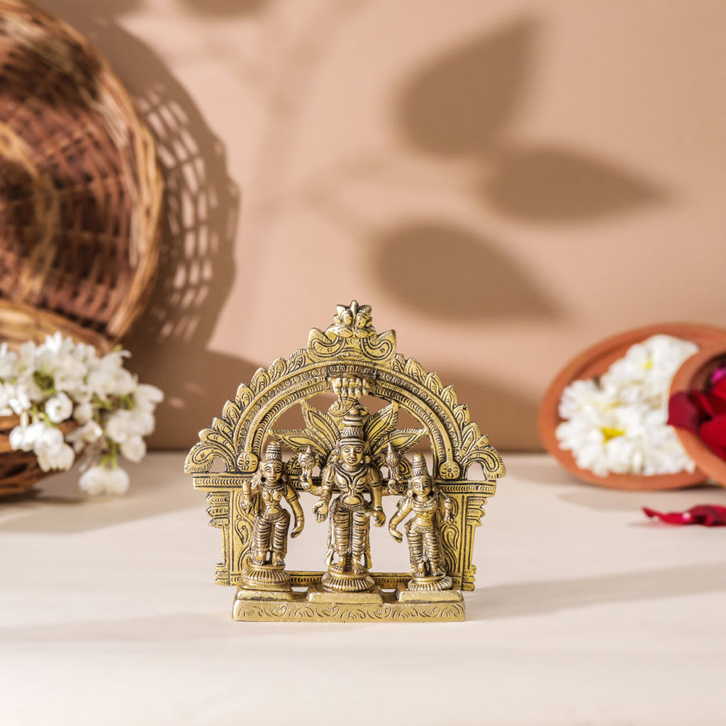 Brass Lord Balaji With Sri Devi And Bhudevi With Prabhavali (5.5 Inch) Vedansh Craft