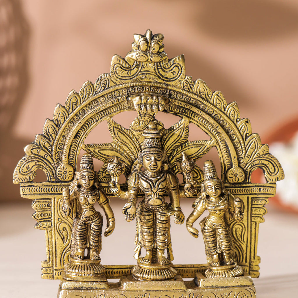 Brass Lord Balaji With Sri Devi And Bhudevi With Prabhavali (5.5 Inch) Vedansh Craft